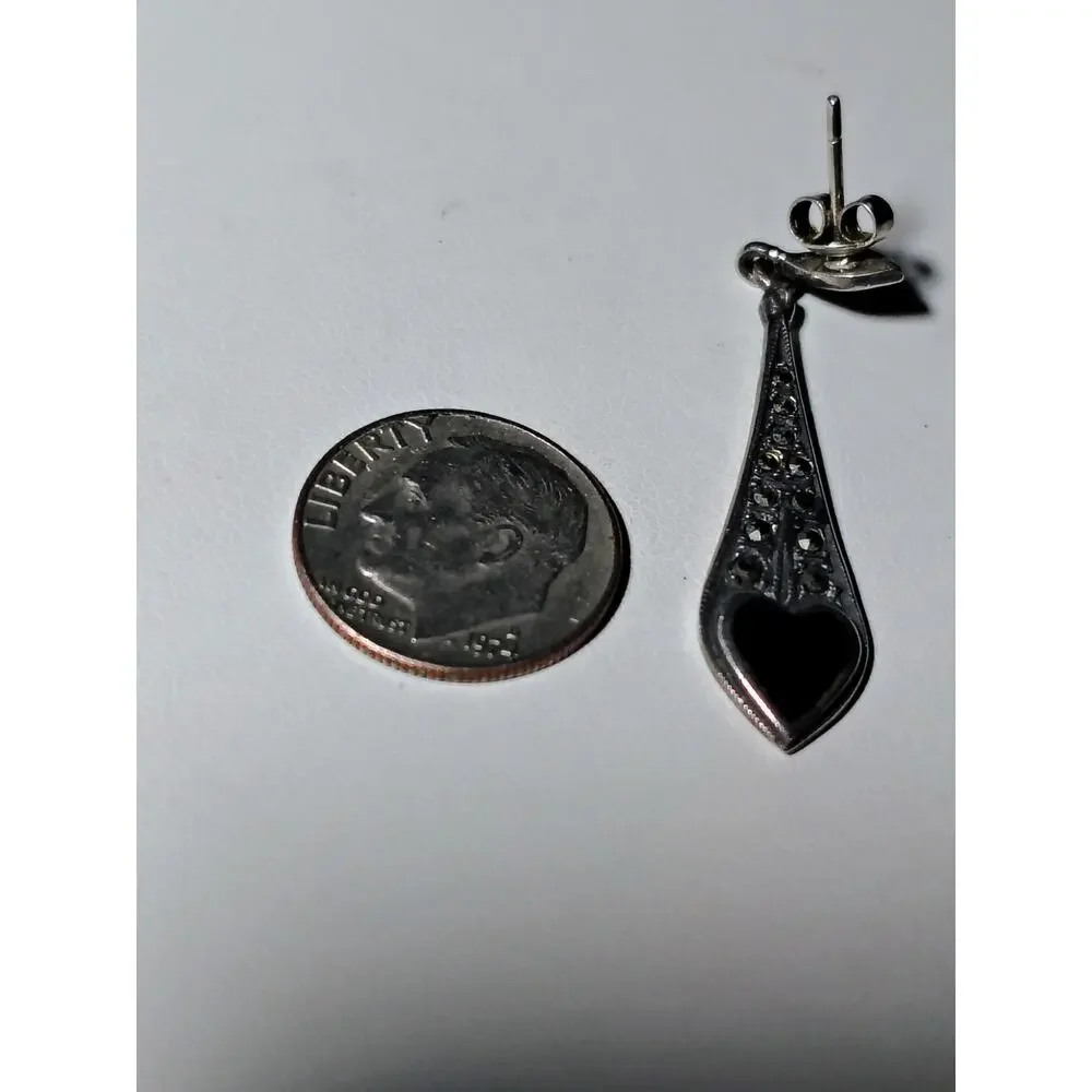 925 Silver Marcasite Black Heart Earrings